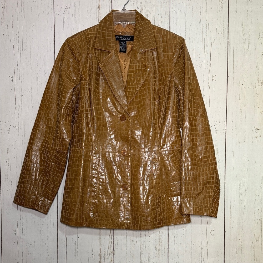 Dialogue Crocodile Leather Printed Brown Leather Button Blazer Jacket Small